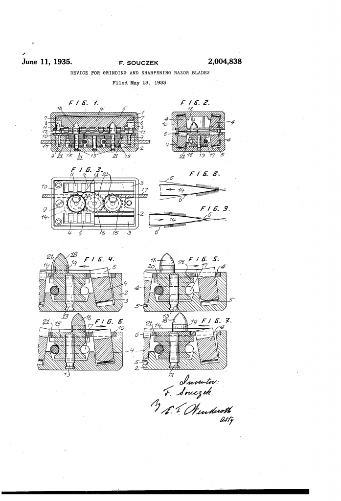Patent drawing showing Simens' razor blade sharpener