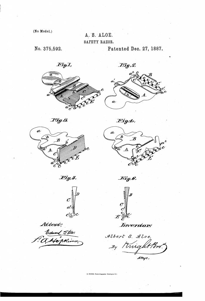Patent drawing showing Mr Aloe's foldign razor